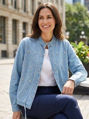 Karen Kane Rhinestone Denim Jacket, Light Blue, Size XL